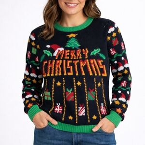 Merry Christmas Knit Pullover Sweater 33 Degrees Black Green Festive Small